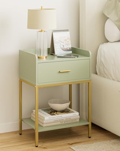 Masupu Nightstand,Bedside Table 3-Tier Modern Night Stand with Storage Drawer and Shelf,Small End Side Table for Bedroom,Living Room,Black (Without Outlet, Green) - color: Green