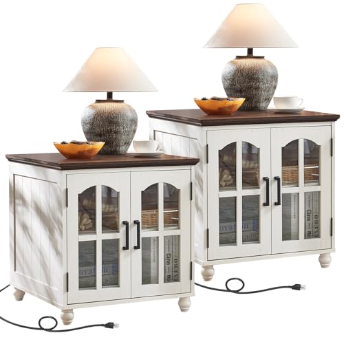 RWYHG Farmhouse 24" End Table Set 2 with Charger, Glass Barn Door, White | USB Ports, Solid Wood Legs, Adjustable Storage Shelf, Square Bedside Table for Living Room,Bedroom - color: White, size: Set 2