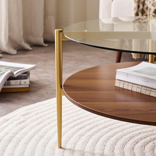 LumFurn Round Coffee Table, Mid-Century Modern Design, D30“ x H17”, for Living Room, 2-Tier Structure, Clear Glass Top and Walnut MDF Shelf, Sleek Conical Metal Legs with Gold Finish - color: D30" Clear & Walnut