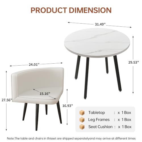 Modern White Round 4-Piece Dining Set, 31.49" Marble Stone Texture Wood Tabletop, PU Leather Foam Padded Chairs, Carbon Steel Leg Small Apartment Breakroom Dinette