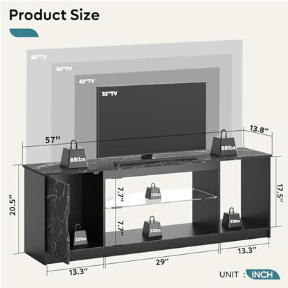 Bestier 57" LED Gaming TV Stand, RGB Light, Black Marble | Fits 55-65" TVs, PS5/Xbox Storage, Adjustable Glass Shelves, Modern Black Marble Finish For Living Room - color: Black Marble
