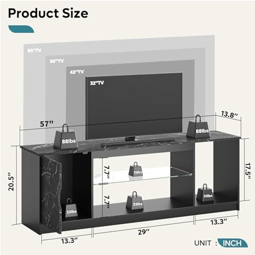 Bestier 57" LED Gaming TV Stand, RGB Light, Black Marble | Fits 55-65" TVs, PS5/Xbox Storage, Adjustable Glass Shelves, Modern Black Marble Finish For Living Room - color: Black Marble