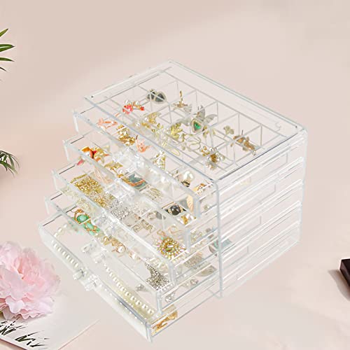 Weiai Clear Acrylic Jewelry Organizer Box 90 Adjustable Grids for Earrings Rings - size: 5 Drawers
