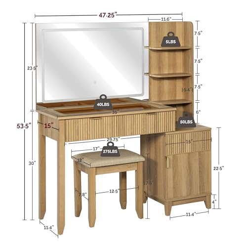 Vanity Desk with Stool, Mirror and Lights 3 Color, Makeup Vanity with Power Outlet, Dressing Table with Drawers, Storage Shelves, Adjustable Brightness, Naturel - color: Natural