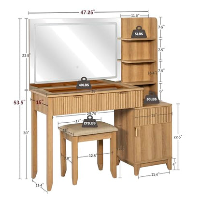 Vanity Desk with Stool, Mirror and Lights 3 Color, Makeup Vanity with Power Outlet, Dressing Table with Drawers, Storage Shelves, Adjustable Brightness, Naturel - color: Natural