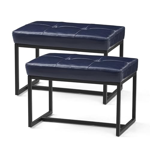 Glitzhome Ottoman Bench Pack of 2, Modern PU Leather Vanity Stools Chairs with Metal Frame, Makeup Stool Padded Foot Rest Stool for Living Room Vanity, Entryway, Bathroom,Navy Blue - color: Navy Blue, Pack of 2