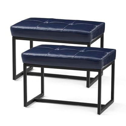 Glitzhome Ottoman Bench Pack of 2, Modern PU Leather Vanity Stools Chairs with Metal Frame, Makeup Stool Padded Foot Rest Stool for Living Room Vanity, Entryway, Bathroom,Navy Blue - color: Navy Blue, Pack of 2