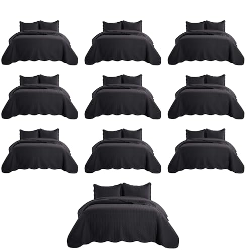 MOONLIGHT20015 Queen Quilt Bedding Set (90" x 96") - Bulk Pack of 10 Wholesale for Hotels, Guest Bedroom & Airbnbs - Lightweight Microfiber Reversible Embossed Quilts Bedspreads (Black) - color: Black, size: Queen (10 Pack)