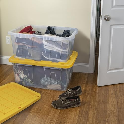 CX 27-Gallon Heavy Duty Clear Stackable Storage Bins with Lids, 4 Pack | Clear plastic totes for garage organization, Stackable, weather-resistant, snap lids, 14.3H x 20.6W x 30.6D, Clear/Yellow - size: 4 Pack, style: Clear & Yellow