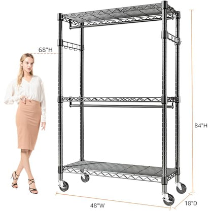 M MZG Heavy Duty Rolling Garment Rack 3 Tiers Adjustable Wire Shelving Clothes Rack with 2 Rods and Side Hooks, Storage Closet Clothing Rack with Wheels Black 17.7" D x 47.2" W x 83.6" H - color: Black, size: 3 Tiers with 2 rods, 17.7"D x 47.2"W x 83.6"H