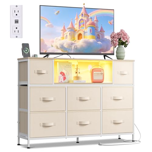 WLIVE LED Dresser TV Stand for 55 Inch TV, 8 Drawers, Cream White | Fits TVs up to 55 inch, 8 fabric drawers, LED chest of drawers, Built-in power outlet, Living room or bedroom - color: Cream White