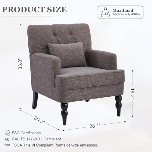 HUIMO Accent Chair, Tufted Upholstered Club Chair, Grey | Tufted upholstered club chair with lumbar pillow and solid wood legs. Suitable for living rooms, bedrooms, and reading nooks. - color: Grey