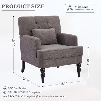 HUIMO Accent Chair, Tufted Upholstered Club Chair, Grey | Tufted upholstered club chair with lumbar pillow and solid wood legs. Suitable for living rooms, bedrooms, and reading nooks. - color: Grey