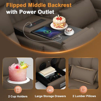 Home Theater Seating, Power Loveseat Recliner Sofa with Massage & Heat | Wall Hugger Reclining Loveseat with USB, RV Couch with LED Lights, Flip Backrest, Cup Holders for Movie Theater, Gaming Room - color: Pebbled Khaki Brown, size: 72" - 2 Seats