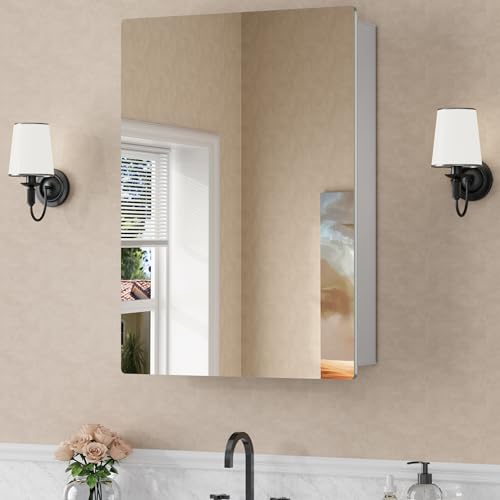 24 x 30 Recessed Medicine Cabinet with Mirror for Bathroom, Silver | Wall Mounted Cabinet for Storage, Adjustable Glass Shelves, Soft-close DTC Hinges, HD Reflection, Pre-assembled, Aluminum - color: Silver, size: 24x30