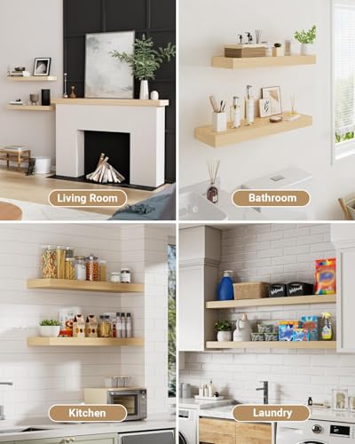 24 inch Long White Oak Floating Shelves for Wall, 8in Deep, Set 2 | 2" Thick Wood Wall Shelf, Heavy Duty Bracket, Bathroom Bedroom Kitchen Living Room, Non-tilting, 50LBS Capacity - color: White Oak, size: 23.6 x 7.9 x 2 (2pc)