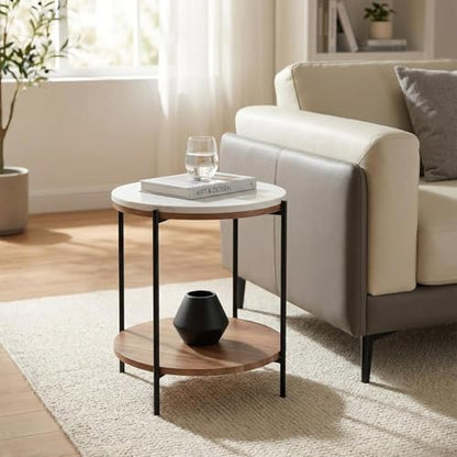 Lyra Round Marble End Table – Solid Acacia Wood Shelf, Open Storage Side Table for Living Room, Bedroom, Entryway, Small Spaces – Nightstand, Plant Stand, Modern Accent Table with Metal Frame - color: Lyra White