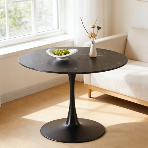 42" Tulip Table for 4-6 Persons Modern Round Dining Table, Mid-Century Modern Black Marble Small Kitchen Table with MDF Wooden Top, Leisure Coffee Table for Living Room, Dining Room, Office - color: Black Marble, size: 42"