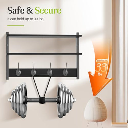 2 Tier Coat Rack Wall Mount with Shelf, 33" Wall Shelf with Hooks, Entryway Key Holder for Wall with 8 Heavy Duty Double Hooks, Coat Hook Wall Mounted for Bedroom, Living Room, Black - color: Black-2 Pack
