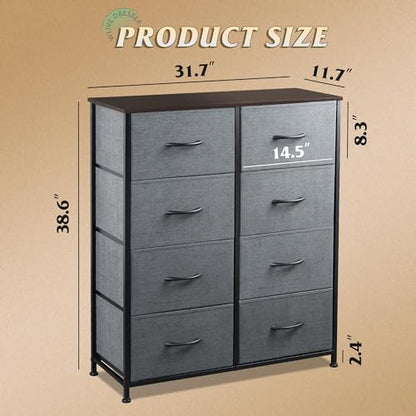 WLIVE Fabric Dresser for Bedroom, Tall Dresser with 8 Drawers, Storage Tower with Fabric Bins, Double Dressers, Chest of Drawers for Closet, Living Room, Hallway, Dark Gray | 8-drawer tall storage tower with fabric bins and wood tabletop, breathable non-w