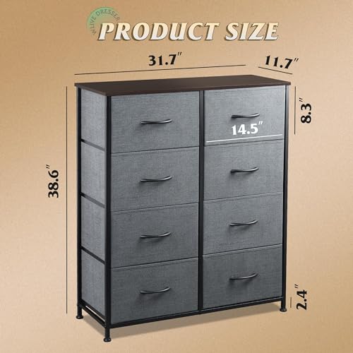 WLIVE Fabric Dresser for Bedroom, Tall Dresser with 8 Drawers, Storage Tower with Fabric Bins, Double Dressers, Chest of Drawers for Closet, Living Room, Hallway, Dark Gray | 8-drawer tall storage tower with fabric bins and wood tabletop, breathable non-w