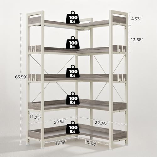 GTPLAYER 5-Tier Corner Bookshelf, L-Shaped Metal Frame Shelf with Tall 14" Shelves, Plant Stand and Storage Rack for Small Spaces, Living Room and Home Office, Grey - color: Grey, size: 5 Tier