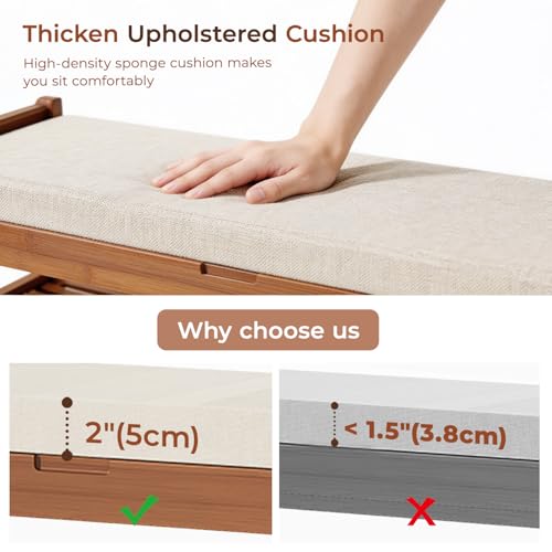 27.6" Bamboo Shoe Bench with Cushion, 5 Hooks Coat Rack, 2-Tier Storage Bench for Entryway, Heavy Duty Shoe Rack Organizer with Removable Soft Cushion for Living Room Bedroom Hallway - size: 27.6" 2-Tier