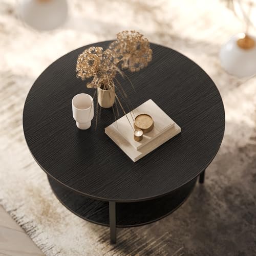 FABATO 26.77” Round Lift Top Coffee Table with Storage, Black | Farmhouse Coffee Table, 2 Tier Small Round Center Table, Center Table for Living Room, Circle Dining Table - color: Black