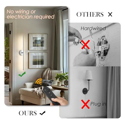 KARTOOSH Battery Operated Wall Sconces Set of Two Wireless Wall Lights | Rechargeable Wall Sconce with Remote 350°Rotate Dimmable 3000K LED Wall Lamp for Living Room, Bedroom - color: Chrome, size: 32.2 Inches