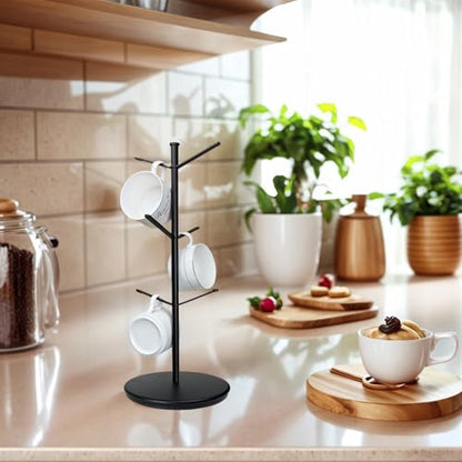 360° Rotating Mug Tree, 6 Hooks Upgraded Stable Metal Mug Holder, Bamboo Base Coffee Mug Cup Rack for Counter Top, Mug Display, Home Storage and Cup Organizer, Black - size: 6 Hooks 360°