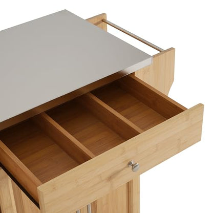 Christopher Knight Home Tredy Bamboo Rolling Cart with Drawers, Kitchen Bar Cart on Wheels with Stainless Steel Top, Rolling Kitchen Cart Storage Cabinet, Serving Cart, 50.8'' x 18.5'', Natural - size: Medium
