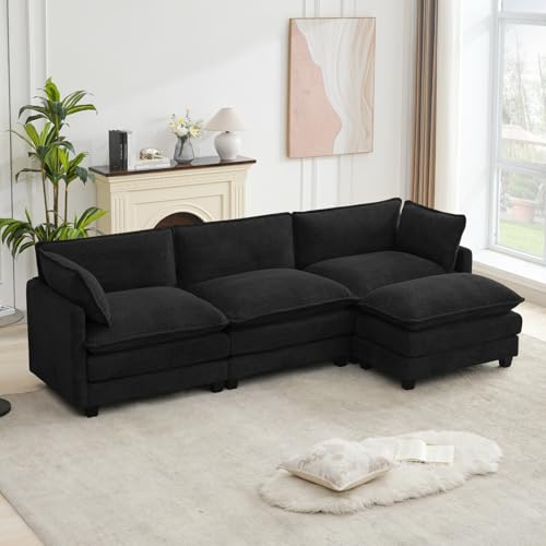 ROWHY Oversized Modular Sectional Couch with Movable Ottoman, 112" Modern Convertible L Shaped Sofa Set, 4 Seat Comfy Cloud Couch with 2 Throw Pillows, for Living Room and Office, Chenille, Black - color: Chenille Black, size: 4 Seats L-Shaped
