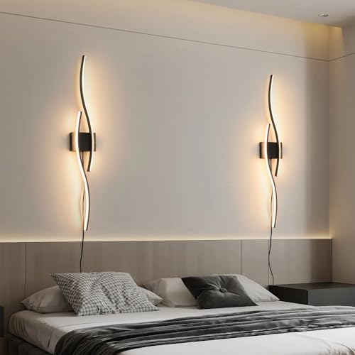 Daunton Modern Plug in Wall Sconces Set of Two, RC Dimmable LED Plug in Wall Light, Black Sconce Wall Lighting for Living Room, Hallway, Bedroom - color: Black, size: 40.5in A plug in