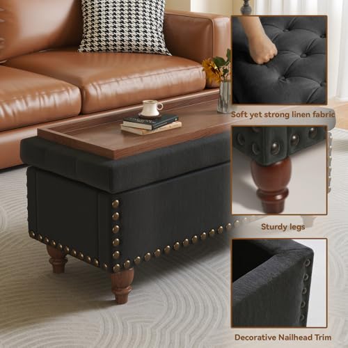 42'' End of Bed Storage Bench with Dual-Surface Lid, Upholstered Ottoman with Hidden Storage, Chenille Bench Seating with Wood Panel Seat for Entryway,Living Room,Bedroom-Black - color: 5-black