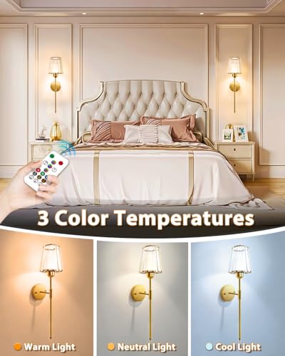 Adetu 23 Inch Crystal Battery Operated Wall Sconce Set of 2 | Gold Rechargeable Wall Sconce with 10000mAh Magnetic Bulbs, RGB Dimmable Wireless Battery Wall Lights for Bedroom Living Room - color: Gold, size: 23 Inch