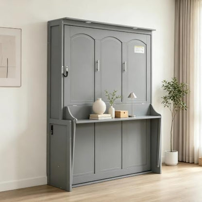 SOFTSEA Queen Size Murphy Wall Bed Frame with Desk, LED Lights, Grey | Space-Saving Vertical Murphy Bed Cabinet with Desk, LED Lights, Charging Station, Hidden Wall Bed for Small Spaces - color: Grey