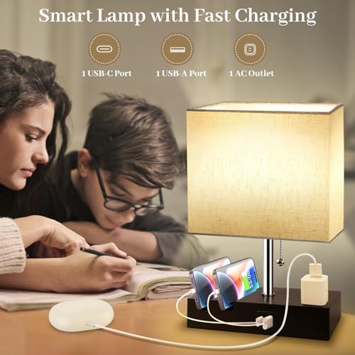 Smart RGB Dimmable Table Lamp Compatible with Alexa&APP&Remote Control, Bedside Desk Lamp with Charging Ports&Outlet&Phone Stand, Music Sync Nightstand Lamp for Bedroom Living Room Office Dorm, Beige | Bedside Desk Lamp with Charging Ports&Outlet&Phone St