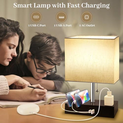 Smart RGB Dimmable Table Lamp Compatible with Alexa&APP&Remote Control, Bedside Desk Lamp with Charging Ports&Outlet&Phone Stand, Music Sync Nightstand Lamp for Bedroom Living Room Office Dorm, Beige | Bedside Desk Lamp with Charging Ports&Outlet&Phone St