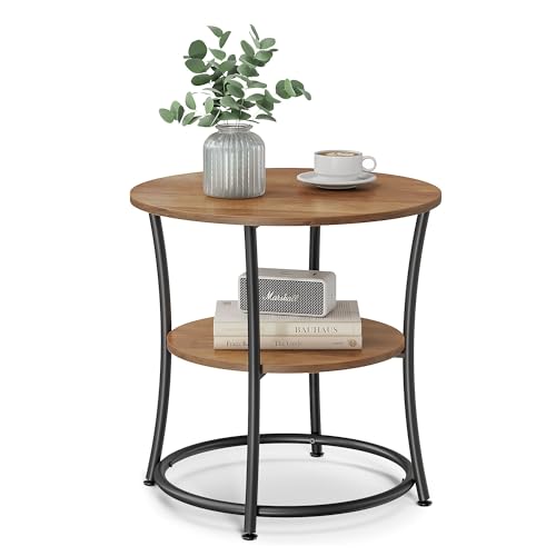 VASAGLE 21.7-Inch Round Side Table, 2-Tier End Table | Nightstand with Steel Frame, Spacious Top, for Small Spaces, Living Room, Bedroom, Honey Brown and Ink Black ULET056B41 - color: Honey Brown + Ink Black, style: Without Power Strip