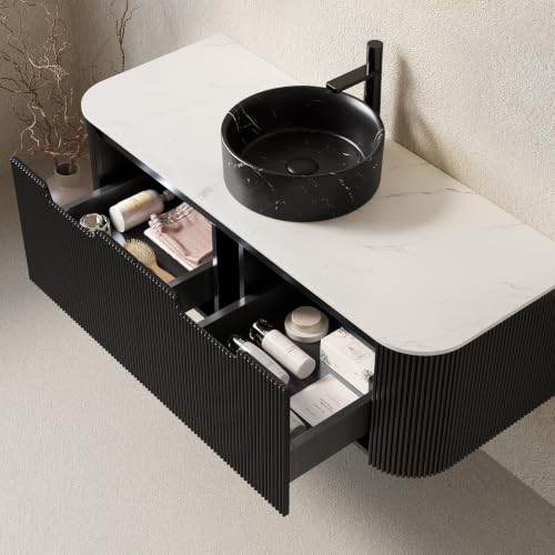 48" Floating Bathroom Vanity with Sink, Wall Mounted Plywood Cabinet, Black Fluted Front, Sintered Stone Countertop, Black Marble-Look Round Ceramic Vessel Sink, Soft-Close Drawer, Pre-Assembled - color: Black Cabinet / Black Marble Sink, size: 48 Inch