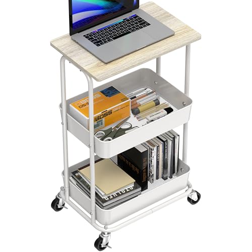 Simple Houseware 2-Tier Rolling Utility Cart Wood Top/Lockable Wheel, Maple | Metal Storage Organizer Trolley for Kitchen, Bathroom, Office, Craft Room - color: Maple