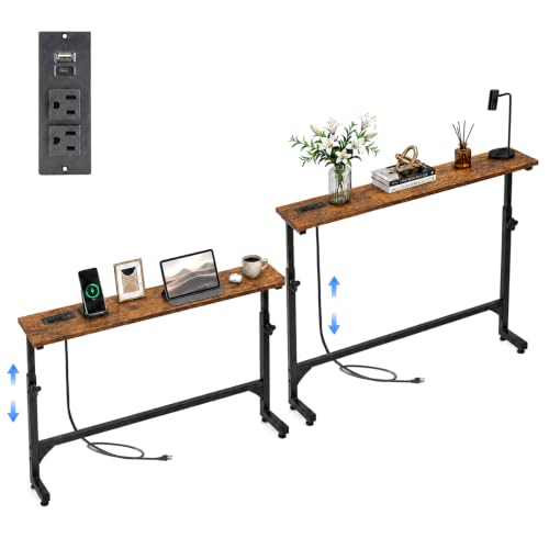 2Pack Behind Couch Table w/Charging Station Narrow Console Table | Adjustable Height(23.6"-31.9"), 5.9"Wx78.8"L, Slim Long Sofa Table, 2 Power Outlets, for Living Room, Entryway, Rustic Brown