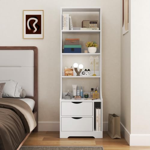 Tall Nightstand with 4 Open Shelves and 2 Drawers Slim Bedside Storage Cabinet End Table Wooden Bookshelf Utility Organizer for Living Room, Bedroom, White - color: White