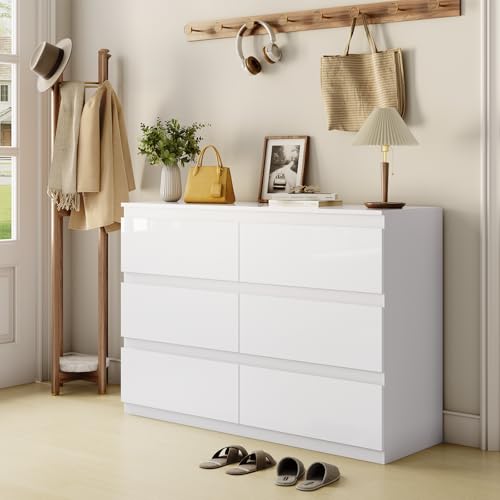 White 6 Drawer Dresser for Bedroom 47" Wide Closet Storage | Wood Dresser, Modern High Gloss, Handle-Free, for Entryway|TV Stand|Living Room - size: 15.4"D x 47.2"W x 32.3"H (6 Drawers)