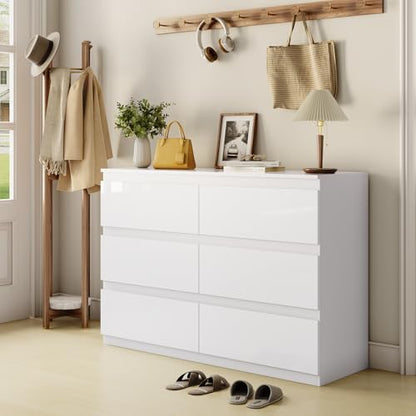 White 6 Drawer Dresser for Bedroom 47" Wide Closet Storage | Wood Dresser, Modern High Gloss, Handle-Free, for Entryway|TV Stand|Living Room - size: 15.4"D x 47.2"W x 32.3"H (6 Drawers)