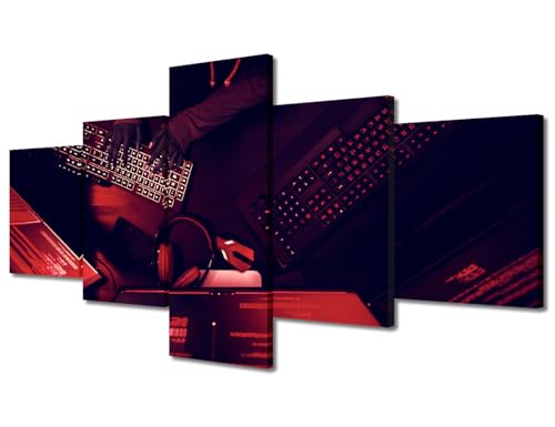 Canvas Wall Art Hacker Working on Computer Wall Paintings 5 Pieces Data Protection Digitalsecurity Wall Art for Living Room Decor Cyber Crime Wall Pictures for Bedroom Framed Ready to Hang (50"Wx24"H) - color: Artwork-06, size: 50"Wx24"H