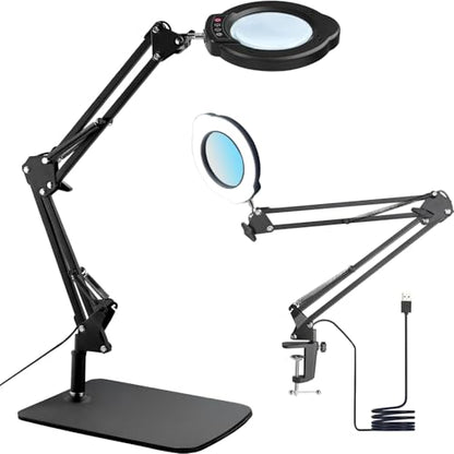 15X Magnifying Glass Desk Lamp, LED Desk Lamp with Base and Clamp, 5 Color Mode, 10 Stepless Dimmable, 84 Leds, 4.2" Diameter Real Glass Lens Magnifying Glass Lamp for Reading Close Work Repair Sewing