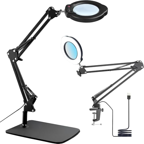 15X Magnifying Glass Desk Lamp, LED Desk Lamp with Base and Clamp, 5 Color Mode, 10 Stepless Dimmable, 84 Leds, 4.2" Diameter Real Glass Lens Magnifying Glass Lamp for Reading Close Work Repair Sewing