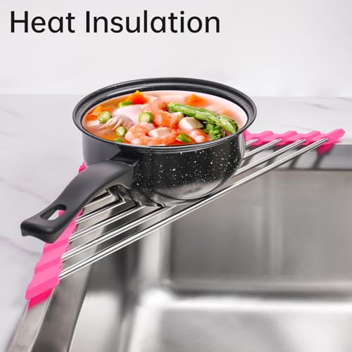 Tomorotec Triangle Roll Up Dish Drying Rack 304 Stainless Steel Rose | BPA-Free Food-Grade Silicone Edges Foldable Waterproof Rustproof Heavy-Duty Space Saver Heat Resistant to 550°F - color: Rose
