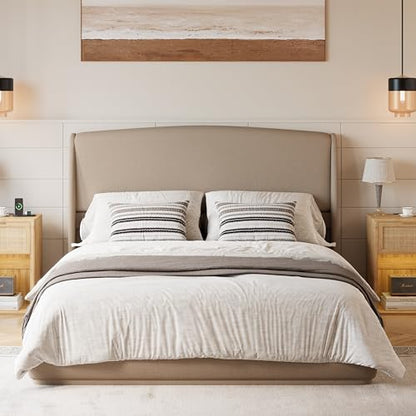 RuiSiSi Queen Size Upholstered Bed with Wingback Headboard, Low Profile Linen Fabric Platform Bed Frame, Strong Wood Slats, No Box Spring Needed, Easy Assembly, Brown - color: Brown
